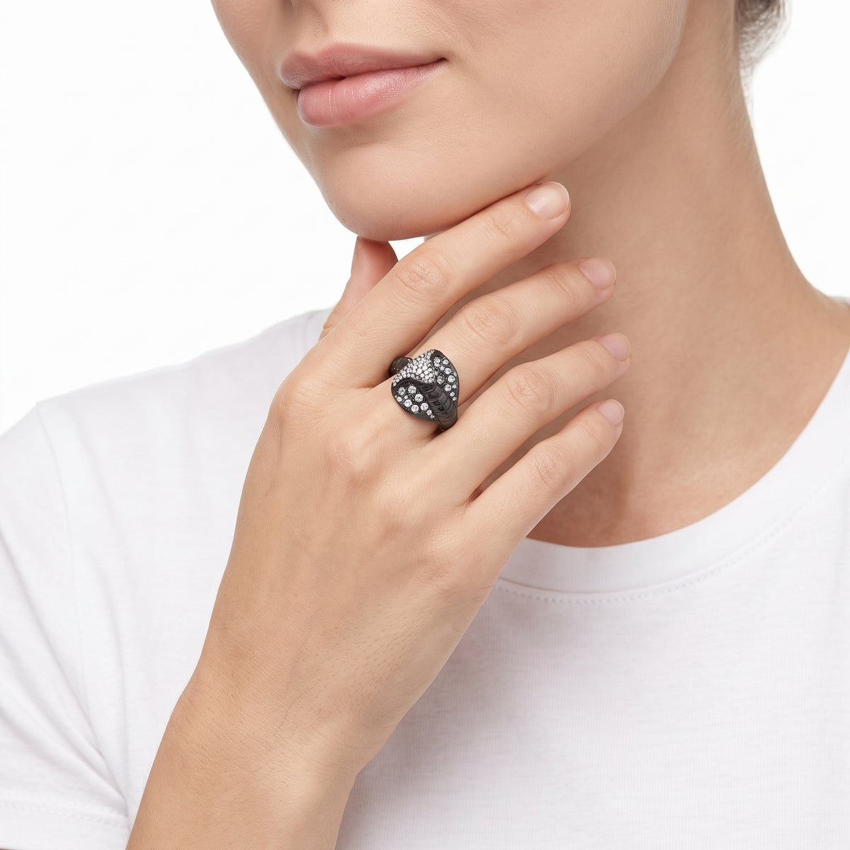 18KT Rose Gold with Black Rhodium Snake Black Diamond & Diamond Ring