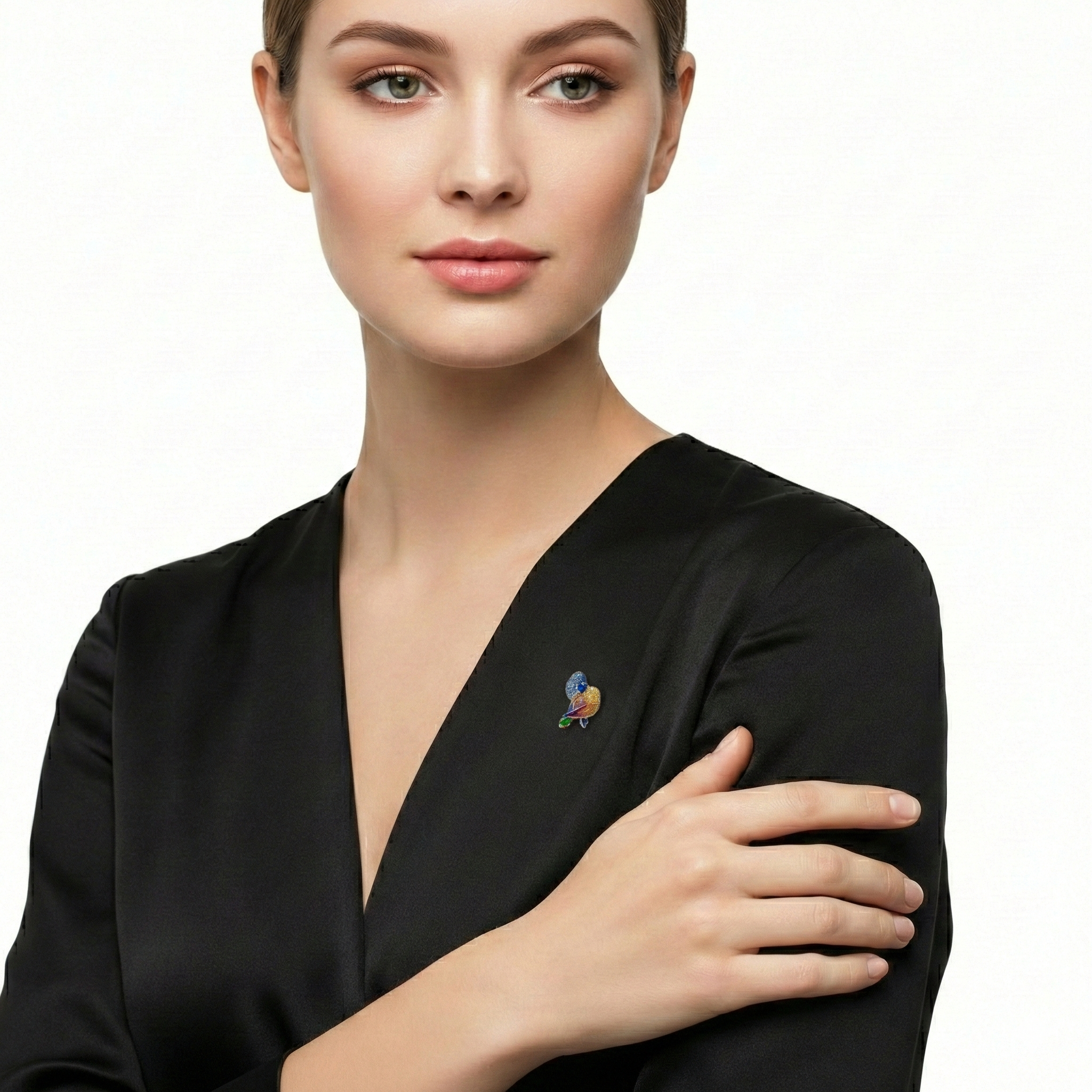 18K White & Rose Gold Duet Lovebirds Brooch with Amethysts, Sapphires, Diamonds & Enamel