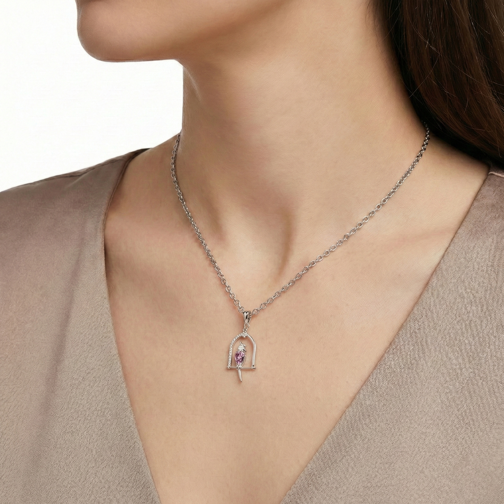 18KT White Gold Nestle Bird-in-Nest Pendant with Pink Sapphires & Diamonds