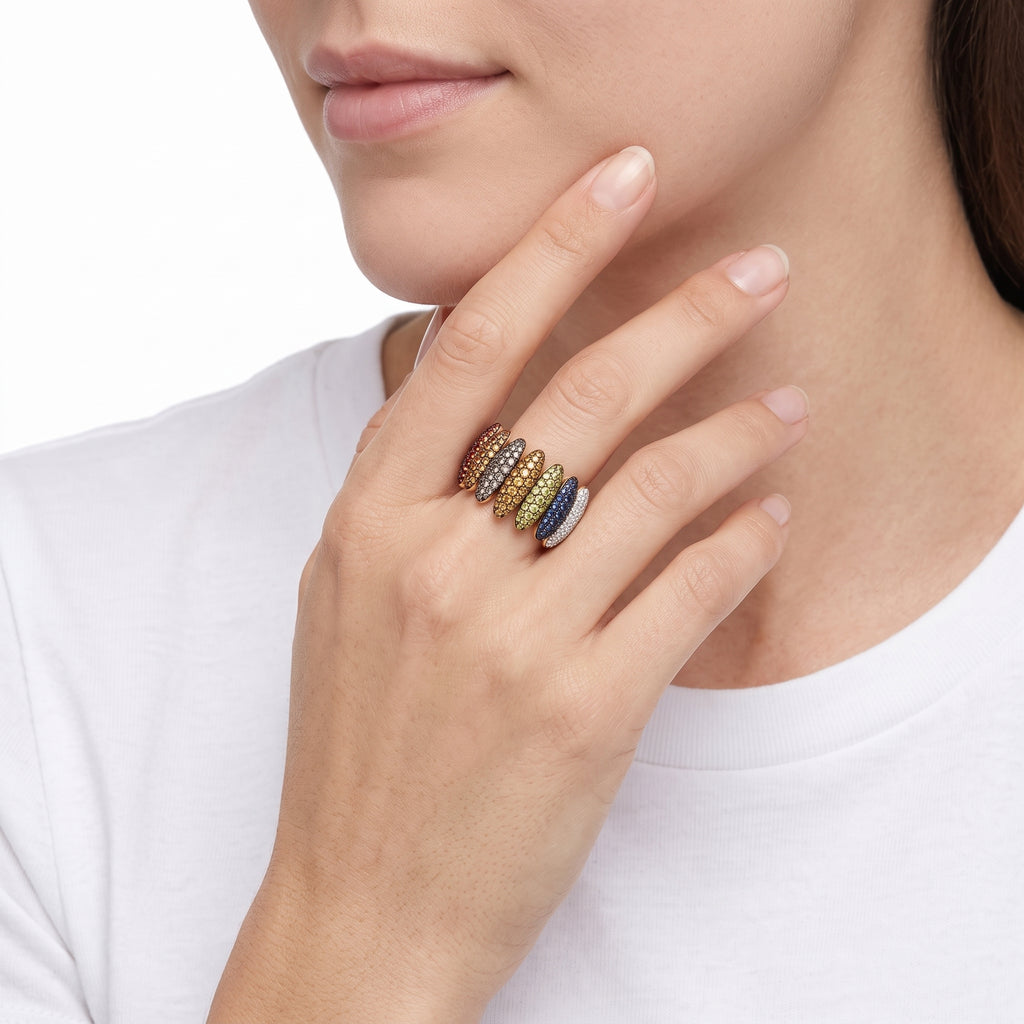 18KT Yellow Gold with Black Rhodium & White Rhodium, Ruby, Sapphire, Tsavorite & Diamond Ring
