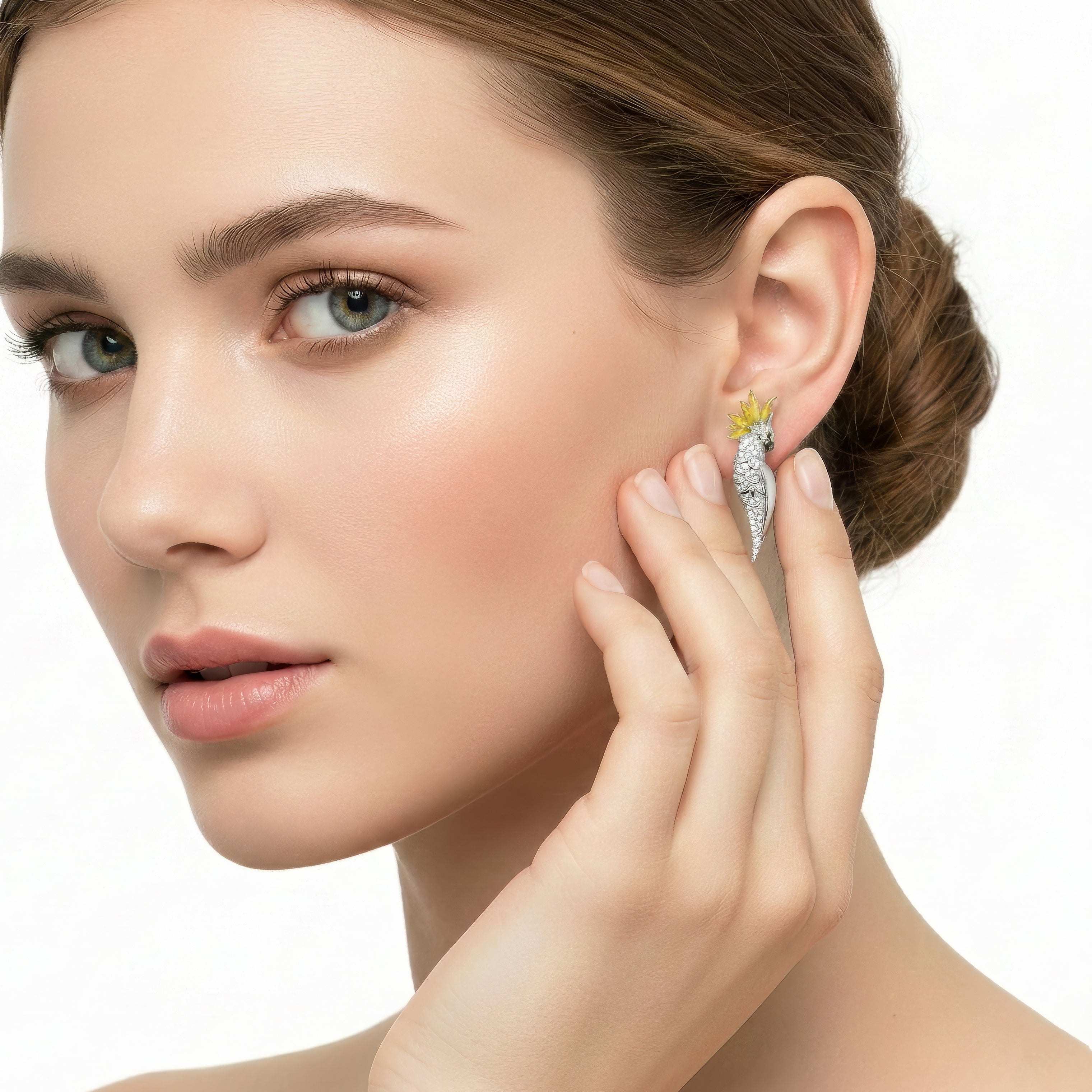 18KT White & Yellow Gold Tropic Cockatoo Earrings with Enamel, Mother-of-Pearl & Diamonds