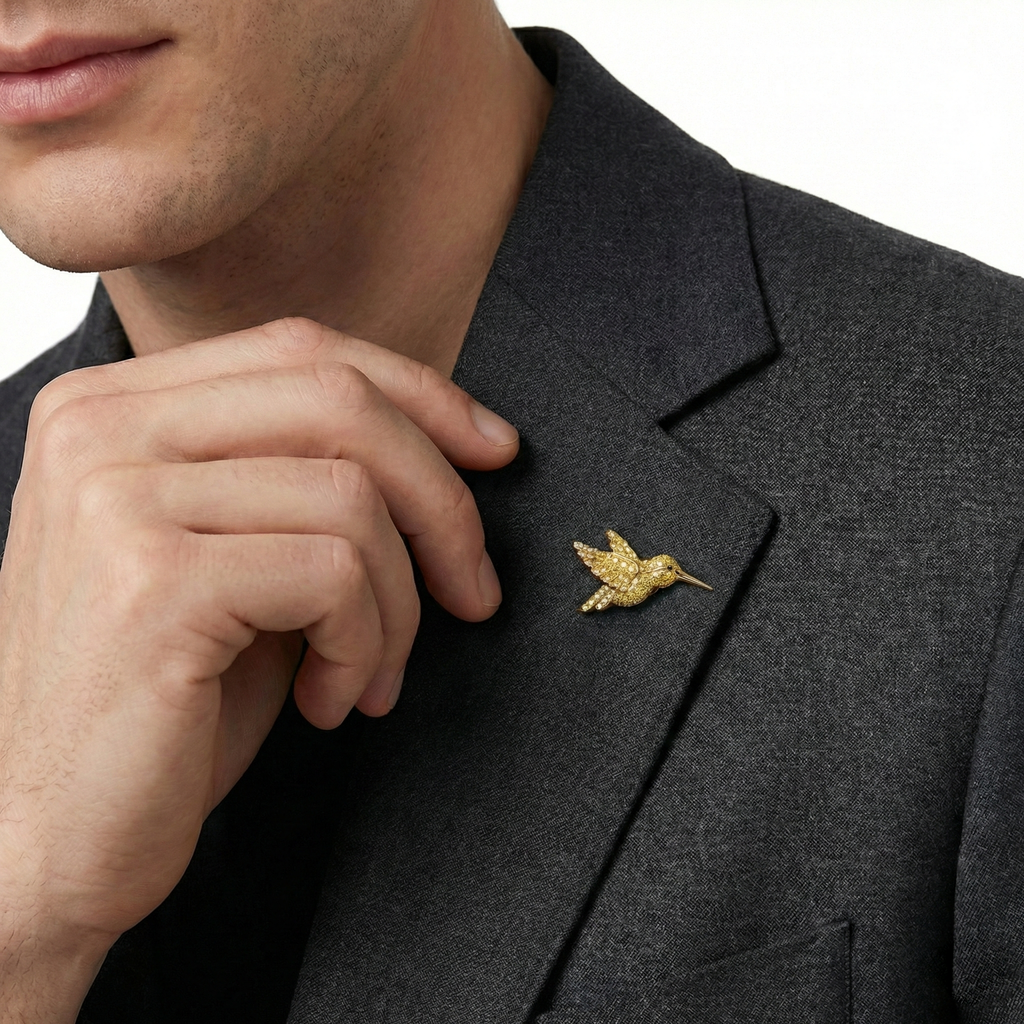 18KT Yellow Gold Aura Hummingbird Brooch with Yellow & Black Diamonds