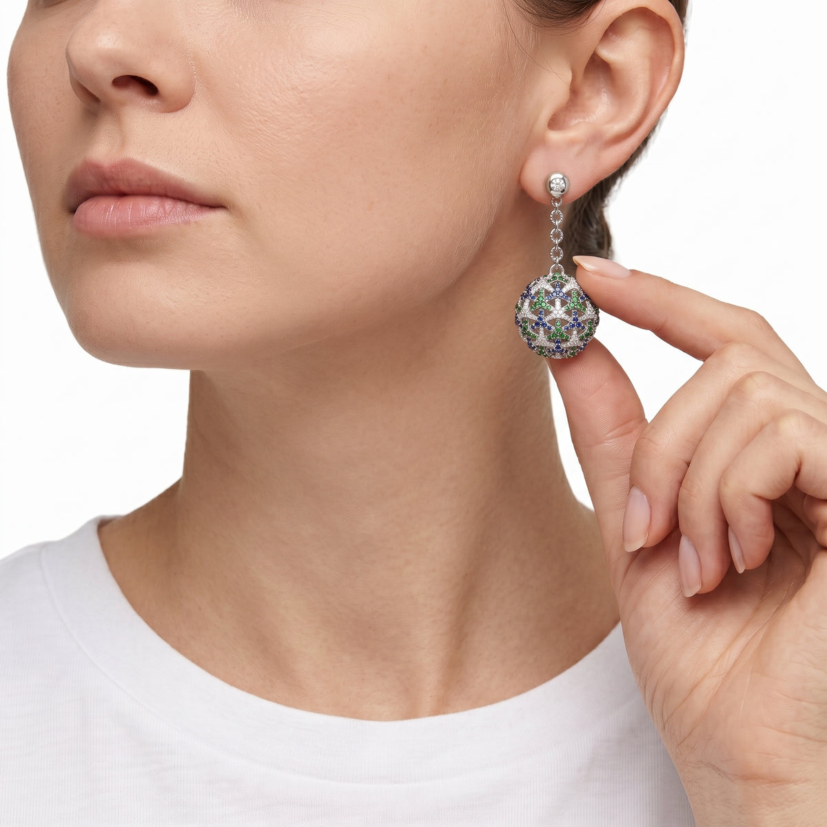 18KT White Gold Tsavorite & Sapphire & Diamond Earrings