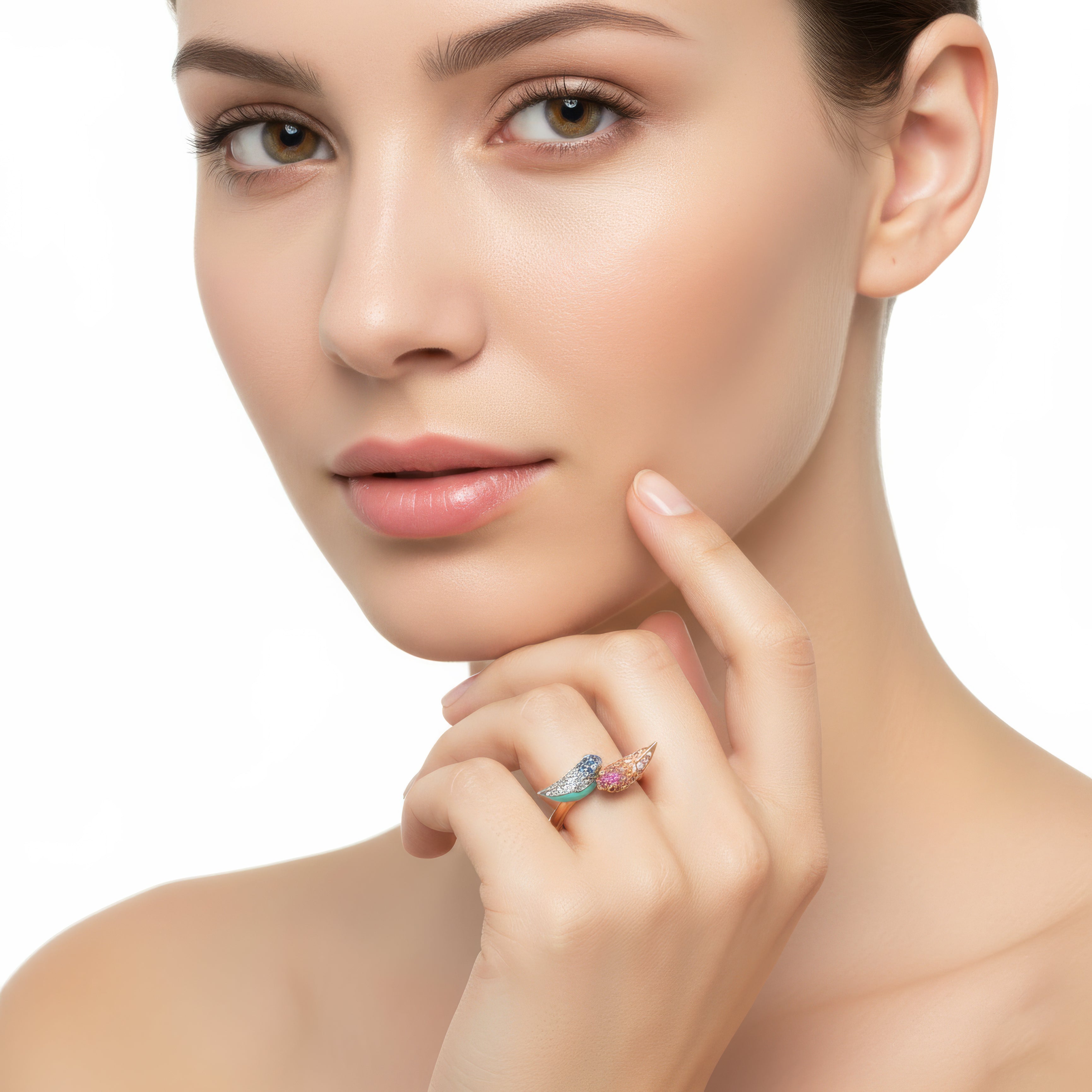 18KT Rose Gold Duet Ring with Rainbow Sapphires, Tsavorite & Diamonds