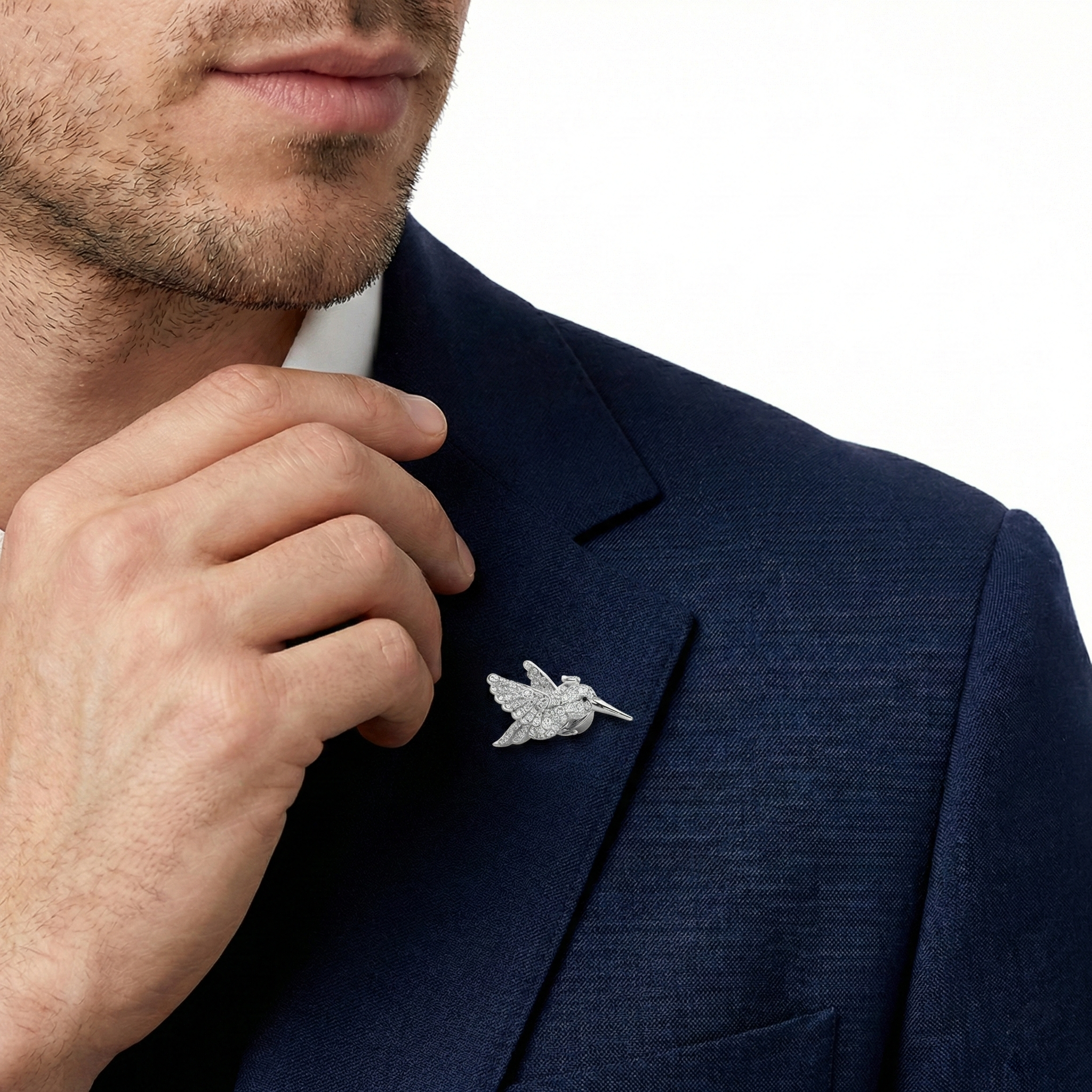 18KT White Gold BKAura Hummingbird Brooch with Black & White Diamonds