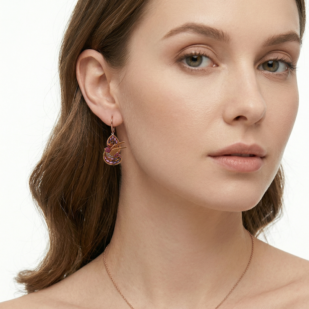 18KT White & Rose Gold Duet Earrings with Sapphires, Enamel & Diamonds