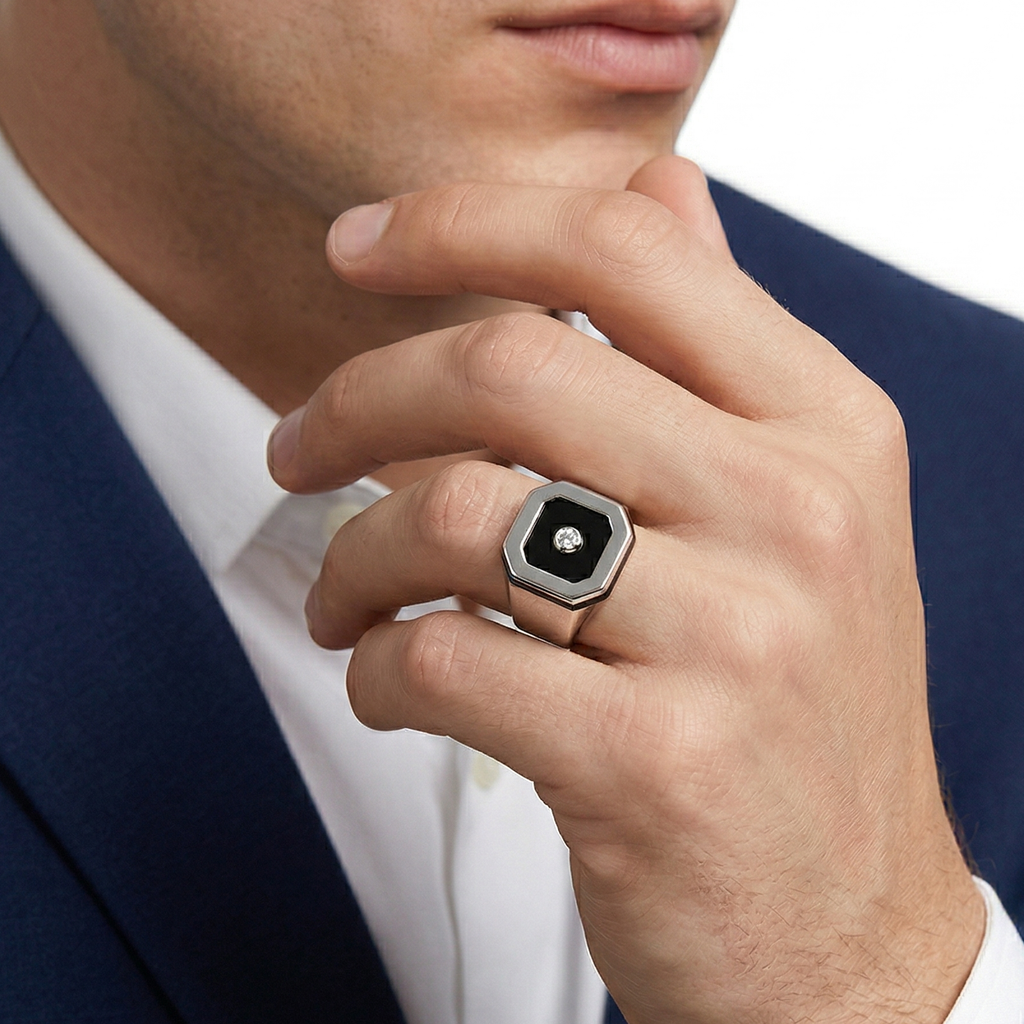18KT White Gold Onyx & Diamond Ring