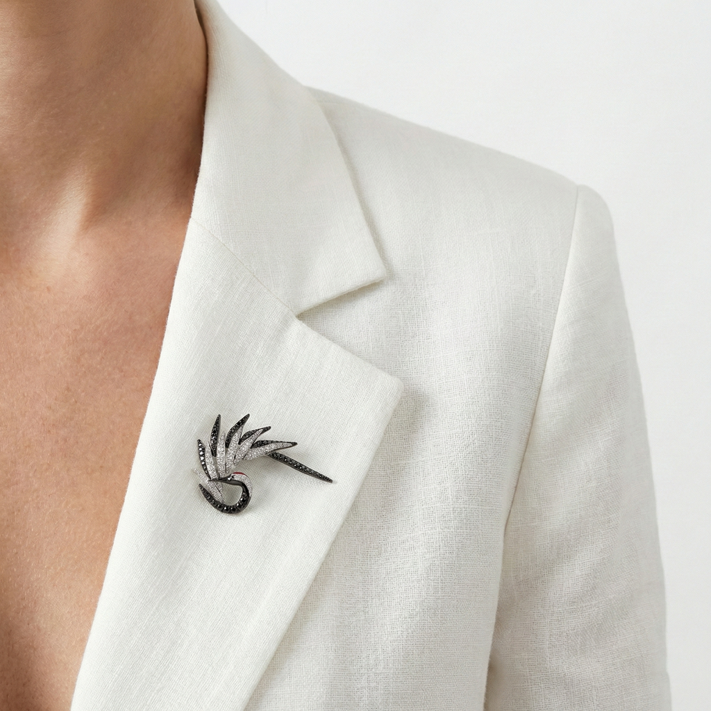 18KT White Aether Red-crowned Crane Brooch with Enamel & Diamonds