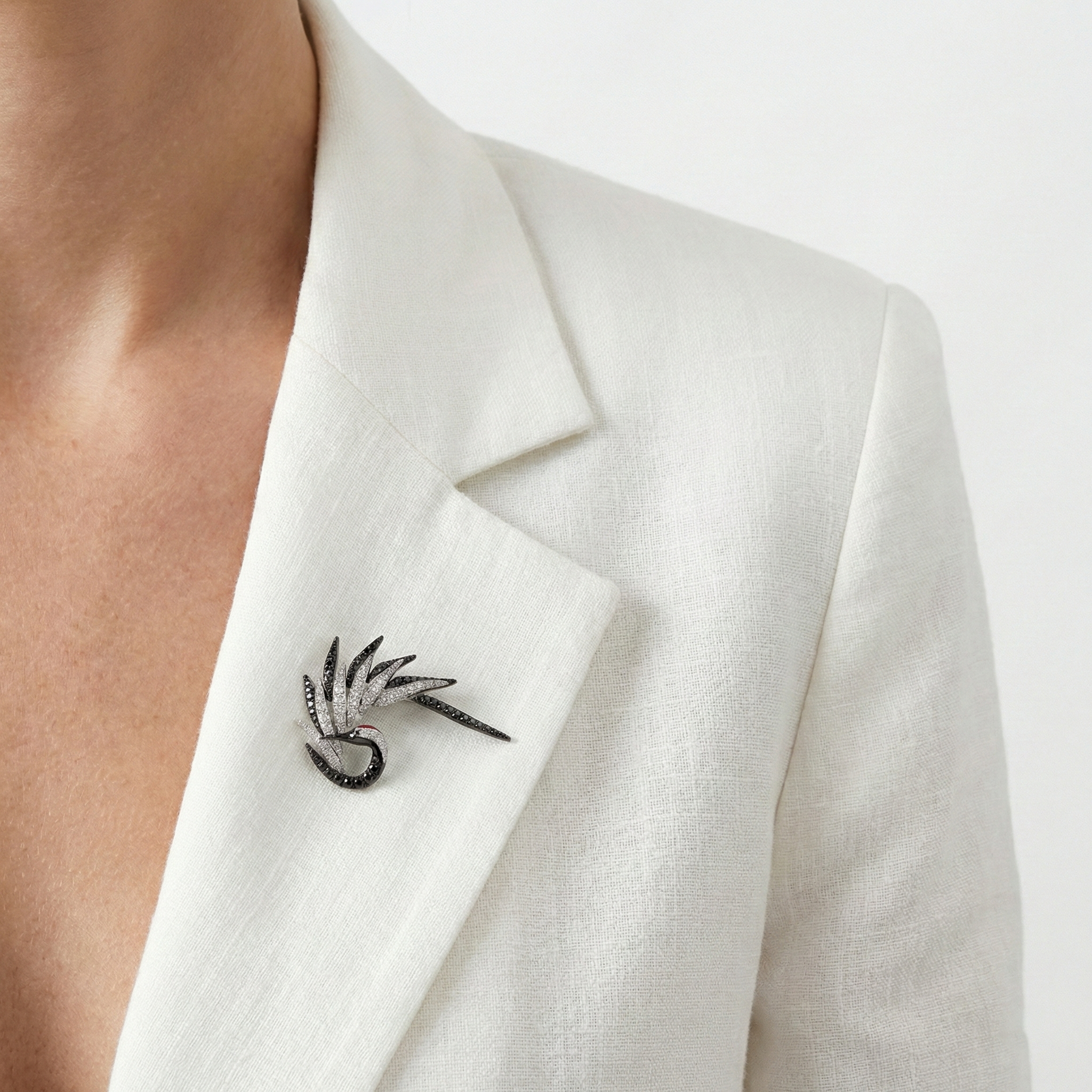 18KT White Aether Red-crowned Crane Brooch with Enamel & Diamonds