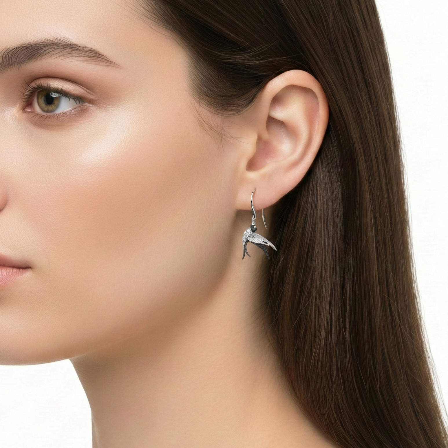 18KT White Gold Voyage Swallow Earrings with Black & White Diamonds