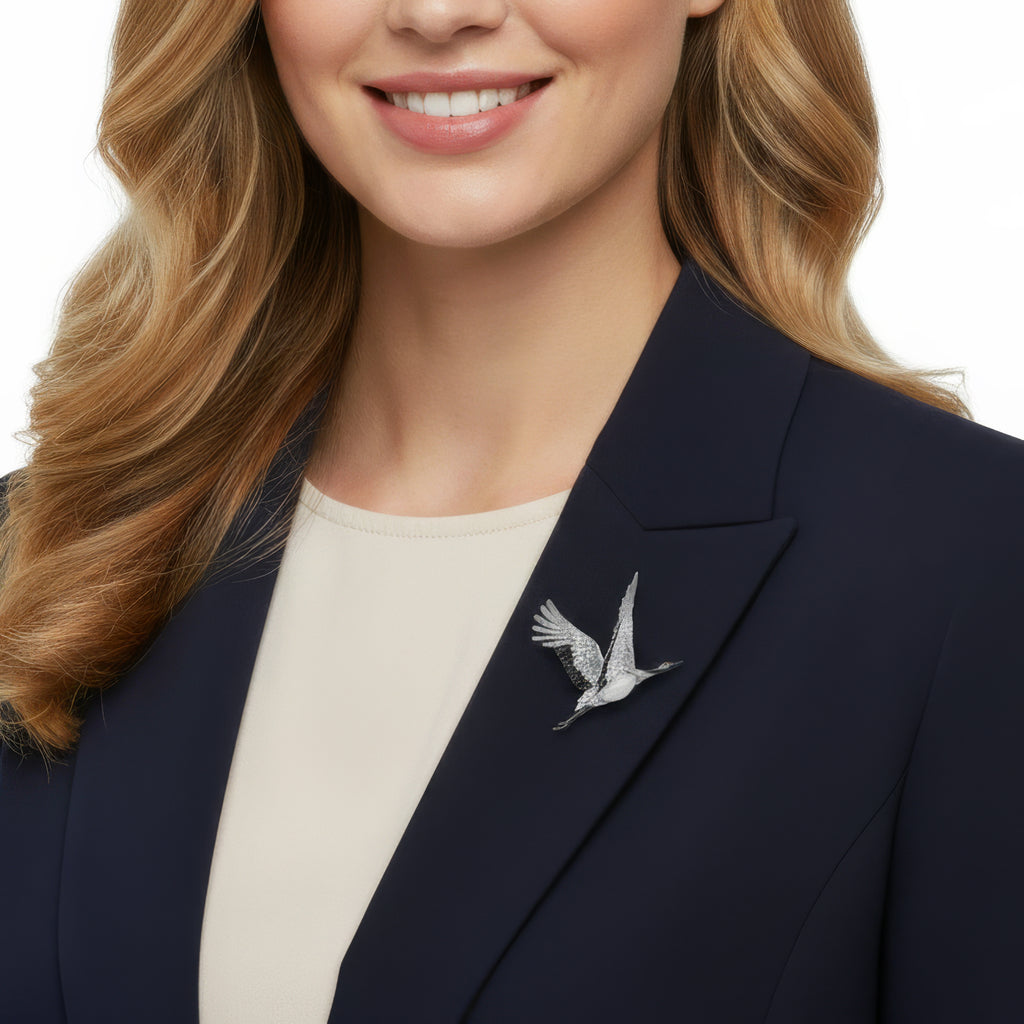 18K Gold Grace Red-crowned Crane Brooch with Jade, Diamonds & Enamel