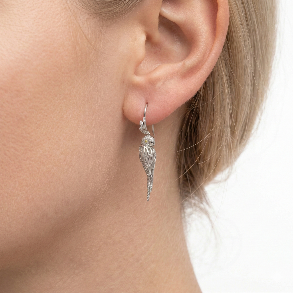 18KT White Gold Tropic Parrot Earrings with White Agate & Diamonds