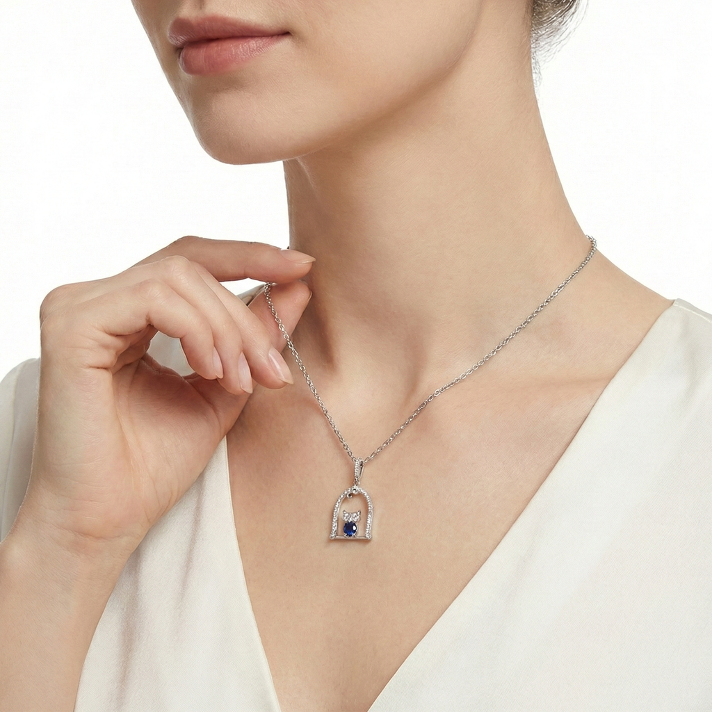 18KT White Gold Nestle Bird-in-Nest Pendant with Sapphire & Diamonds