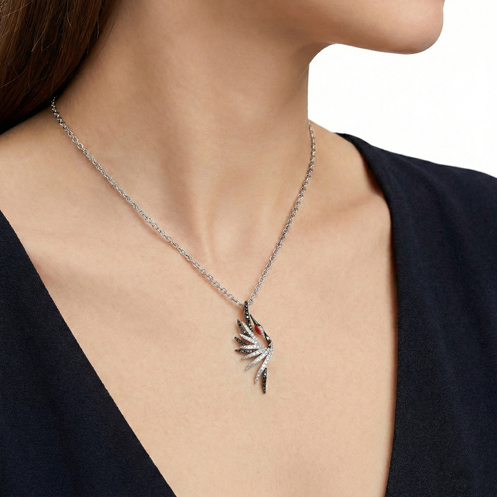 18KT White Gold Aether Red-crowned Crane Pendant with Red Coral & Diamonds