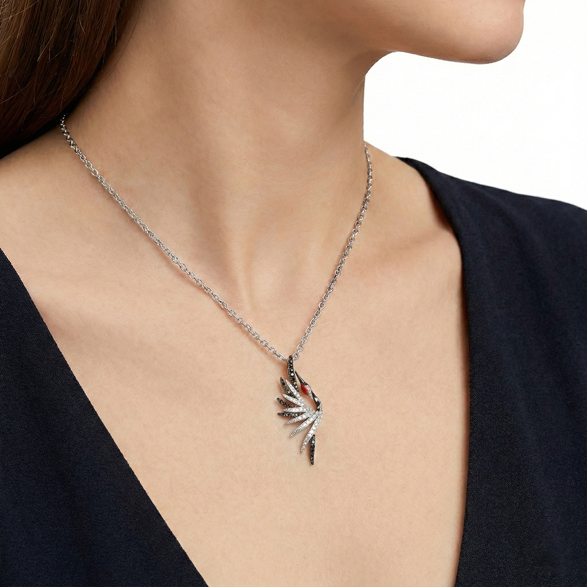 18KT White Gold Aether Red-crowned Crane Pendant with Red Coral & Diamonds