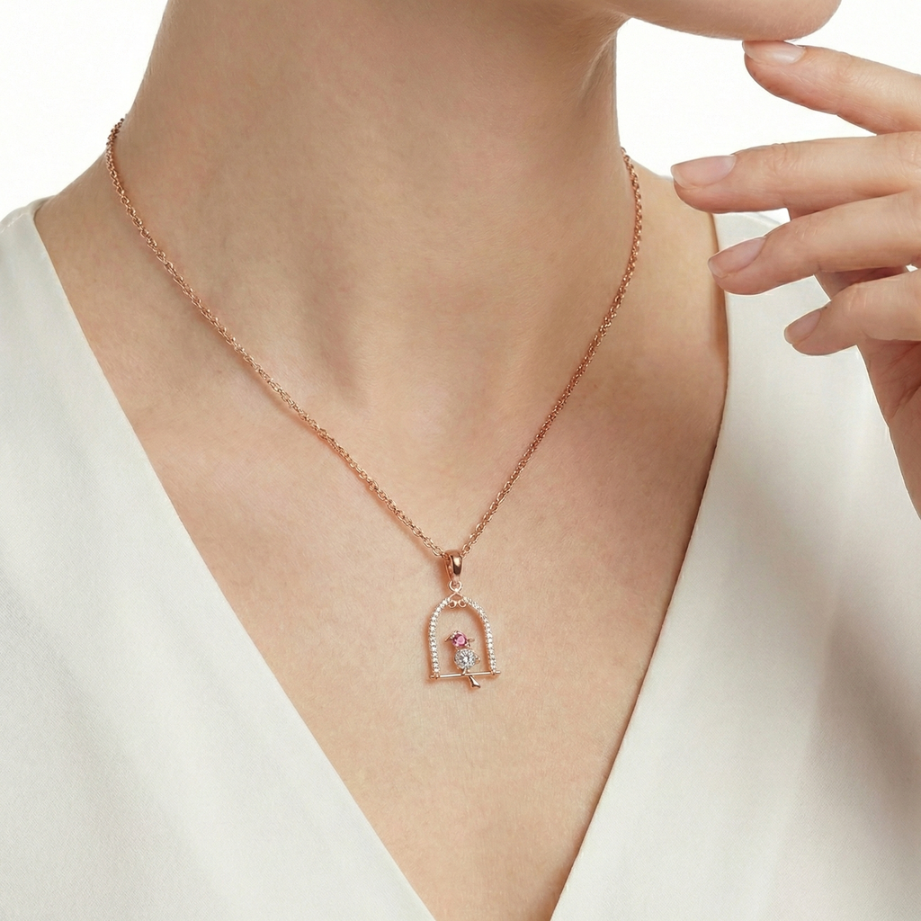 18KT Rose Gold Nestle Bird-in-Nest Pendant with Pink Sapphires & Diamonds