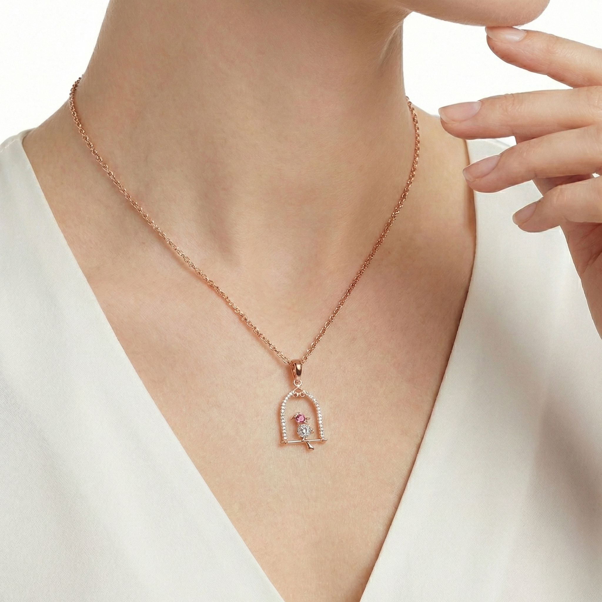 18KT Rose Gold Nestle Bird-in-Nest Pendant with Pink Sapphires & Diamonds