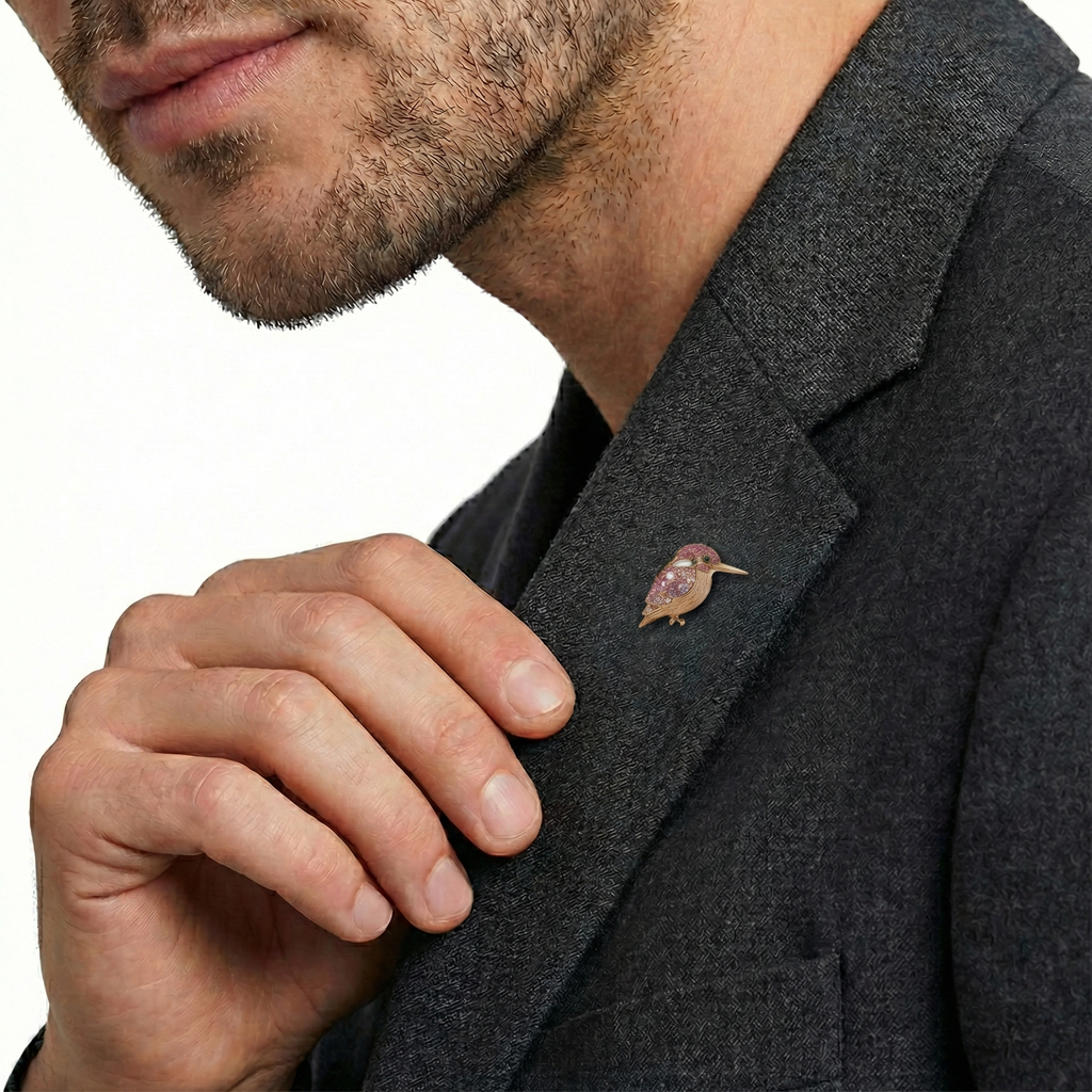 18KT Rose Gold Breeze Kingfisher Brooch with Pink Sapphires, Diamonds & Enamel