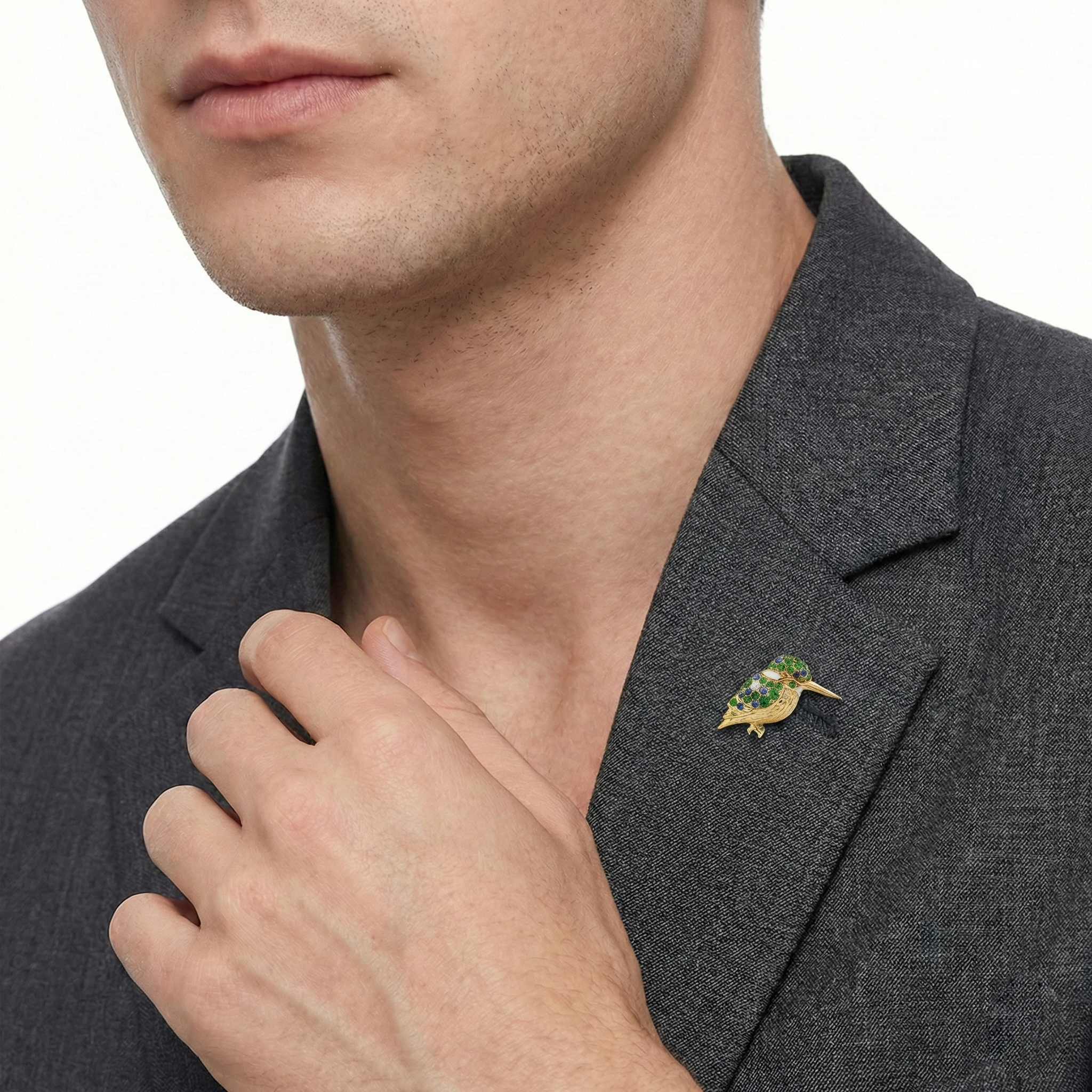 18KT Yellow Gold Breeze Kingfisher Brooch with Tsavorites, Sapphires & Diamonds