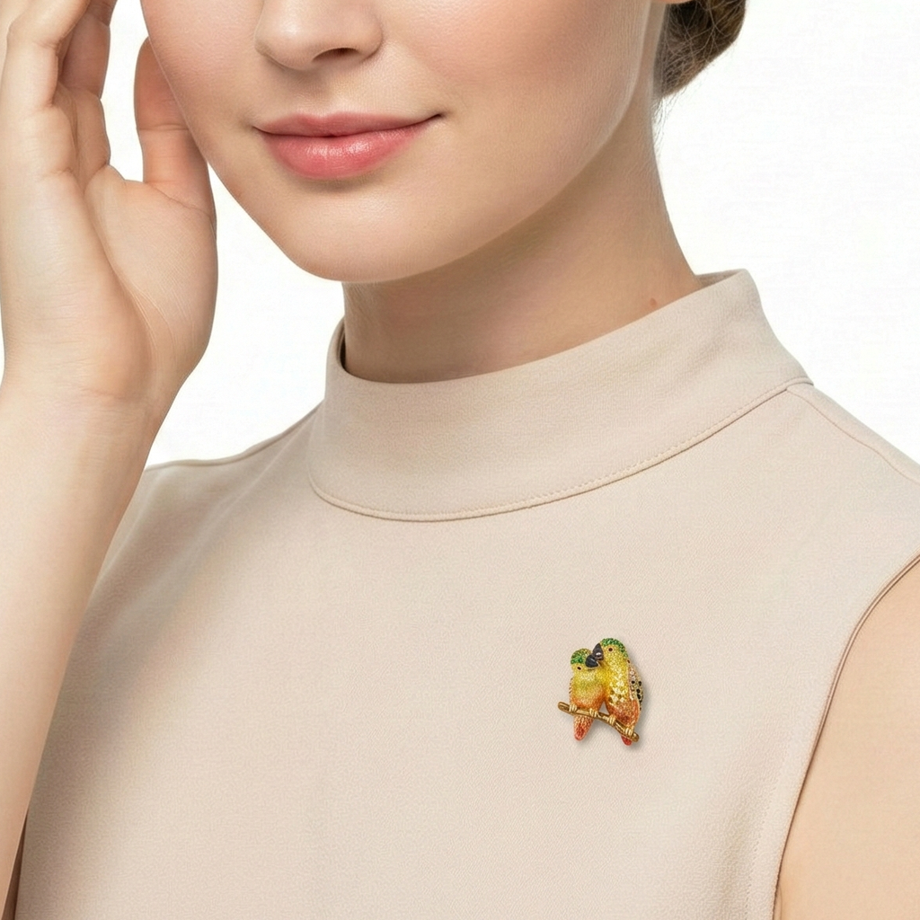18KT Yellow Gold Duet Parrots Brooch with Sapphires, Tsavorites, Diamonds & Enamel