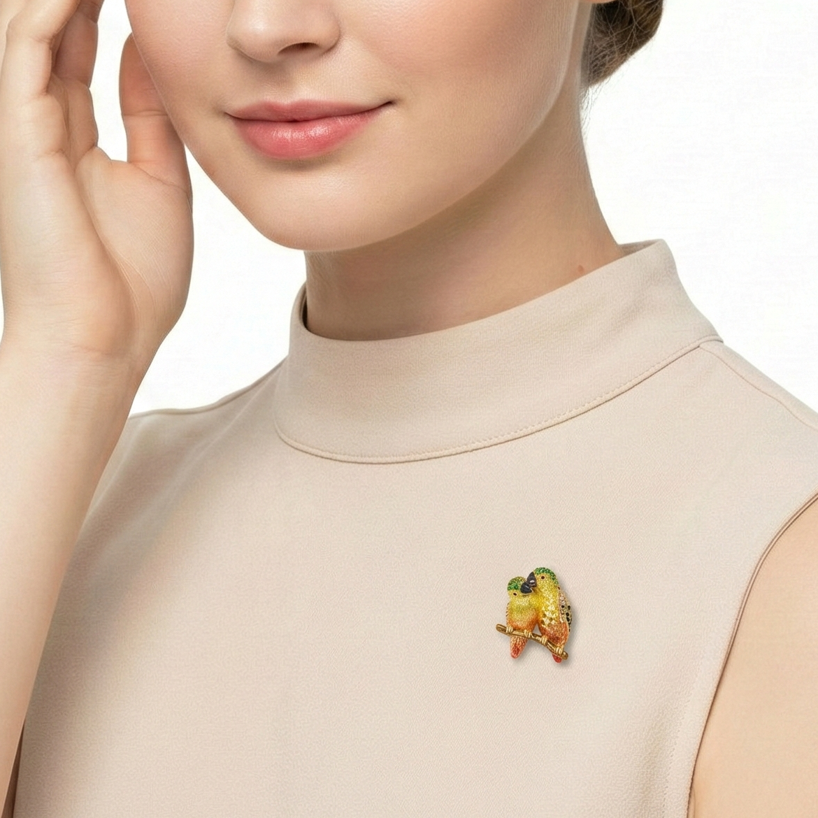 18KT Yellow Gold Duet Parrots Brooch with Sapphires, Tsavorites, Diamonds & Enamel
