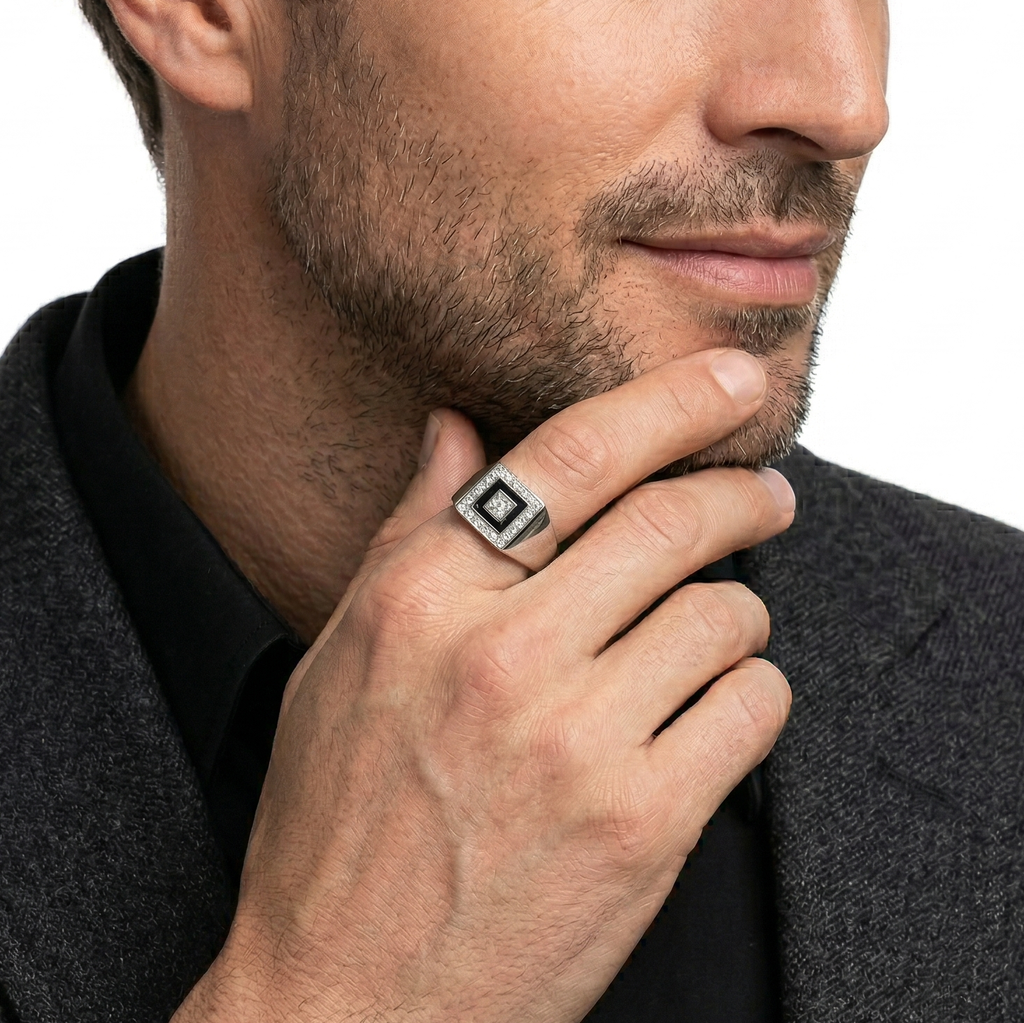 18KT White Gold Onyx & Diamond Ring
