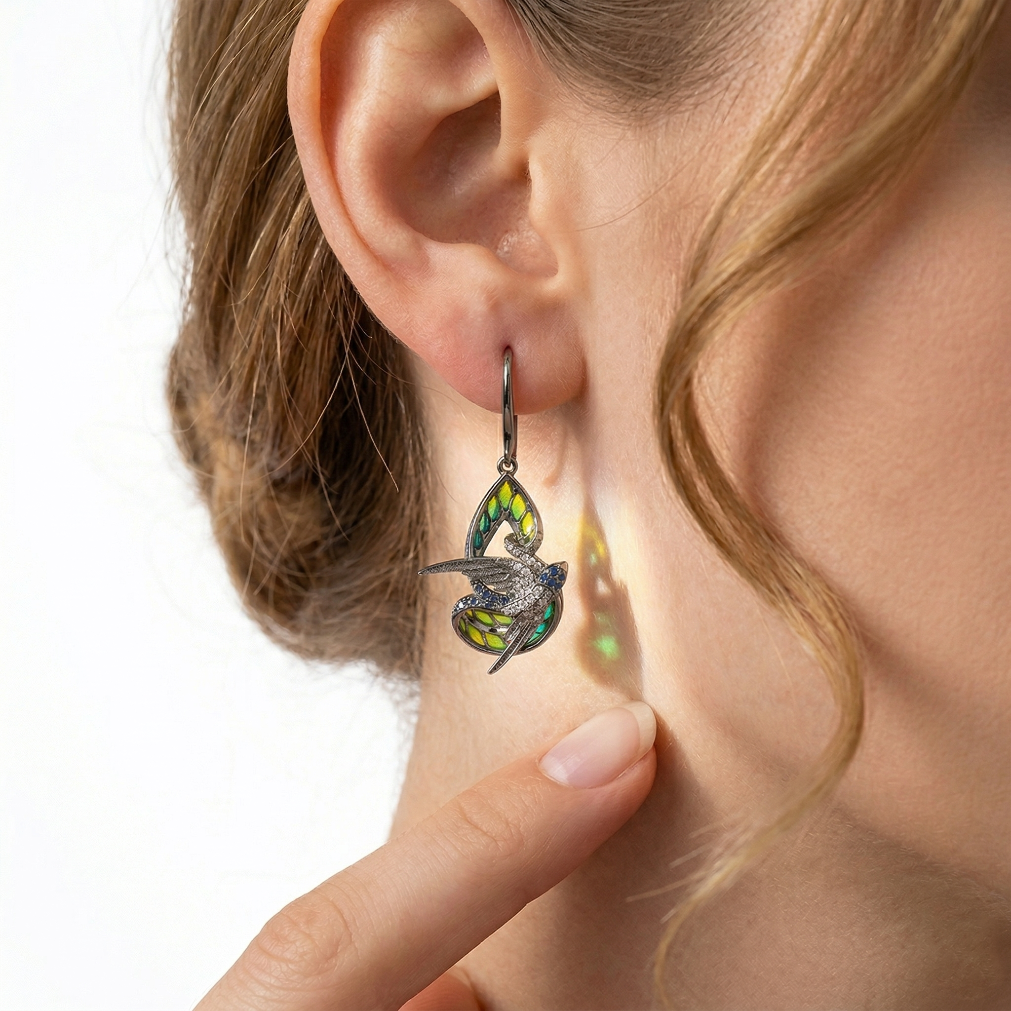 18KT White & Rose Gold Duet Earrings with Sapphires, Enamel & Diamonds