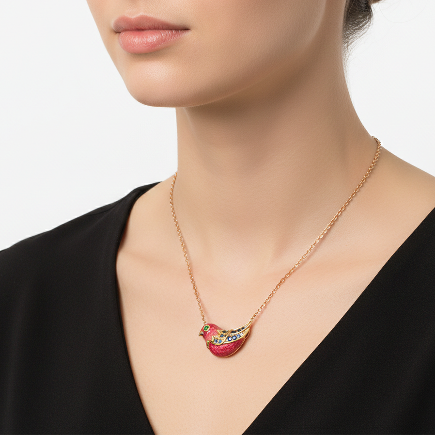 18KT Rose & Yellow Gold Bloom Necklace with Enamel, Sapphires, Tsavorite & Diamonds