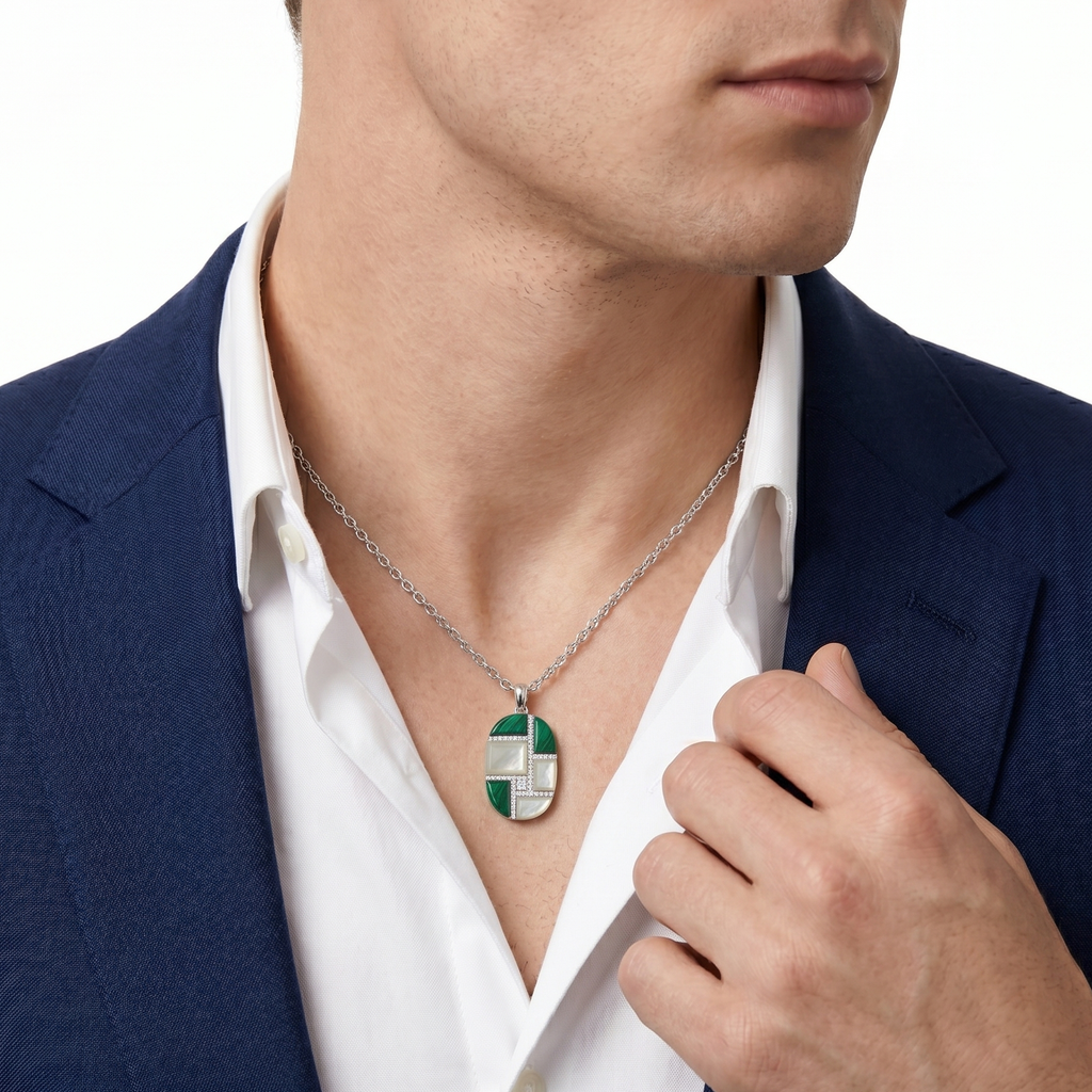18KT White Gold White MOP, Malachite &  Diamond Pendant