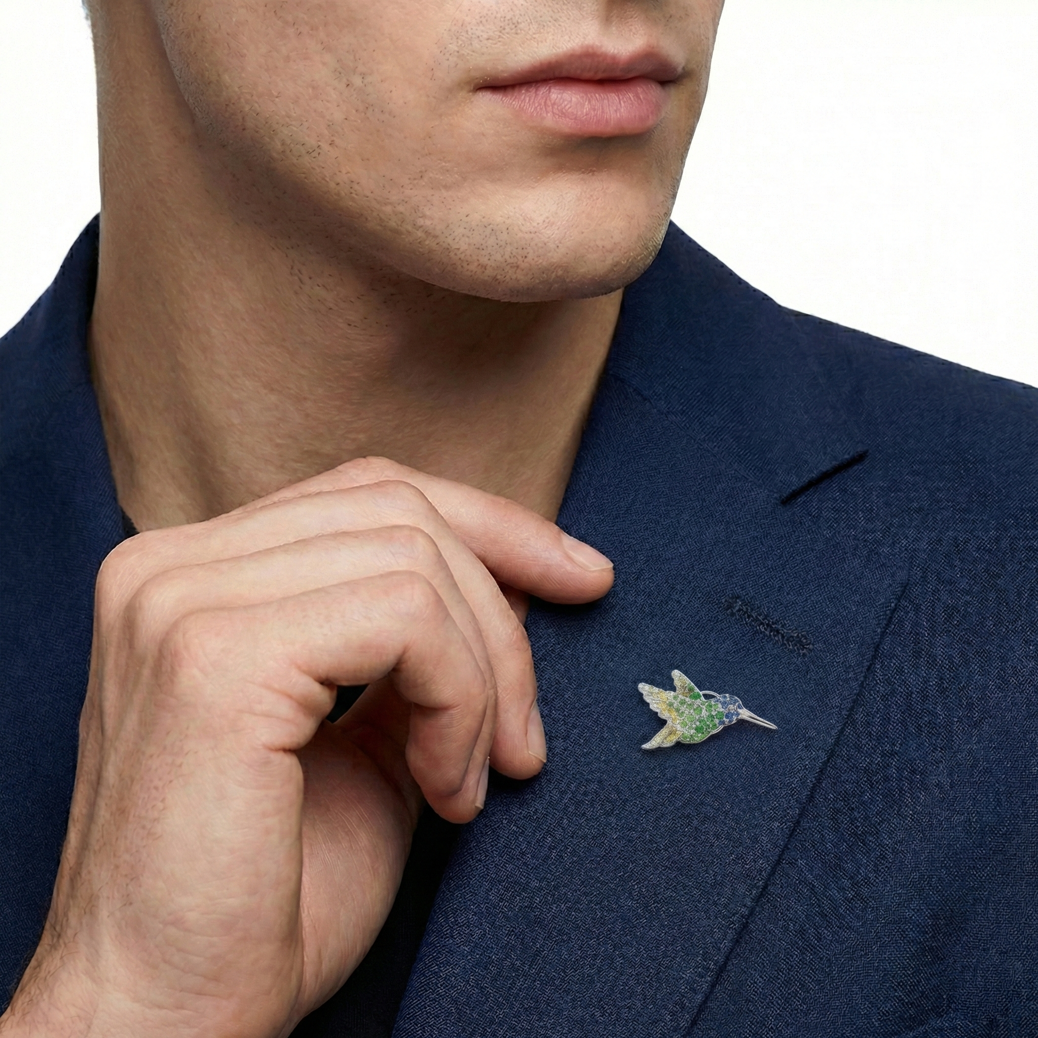 18KT White Gold Aura Hummingbird Brooch with Sapphires, Tsavorites & Diamonds