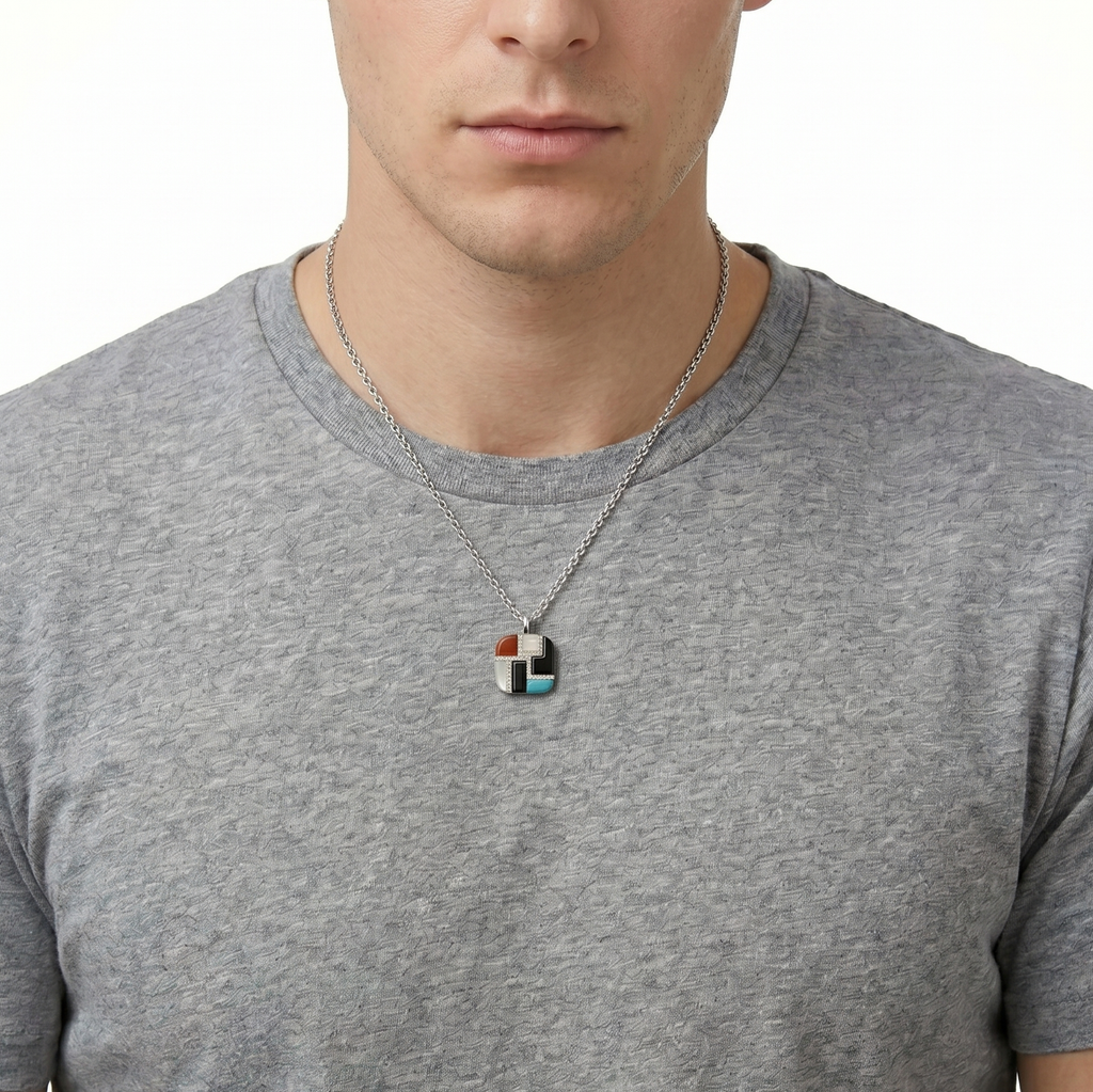 18KT White Gold Onyx, White MOP, Tiger's Eye, Red Jade,Synthetic Turquoise & Cubic Zirconia Pendant