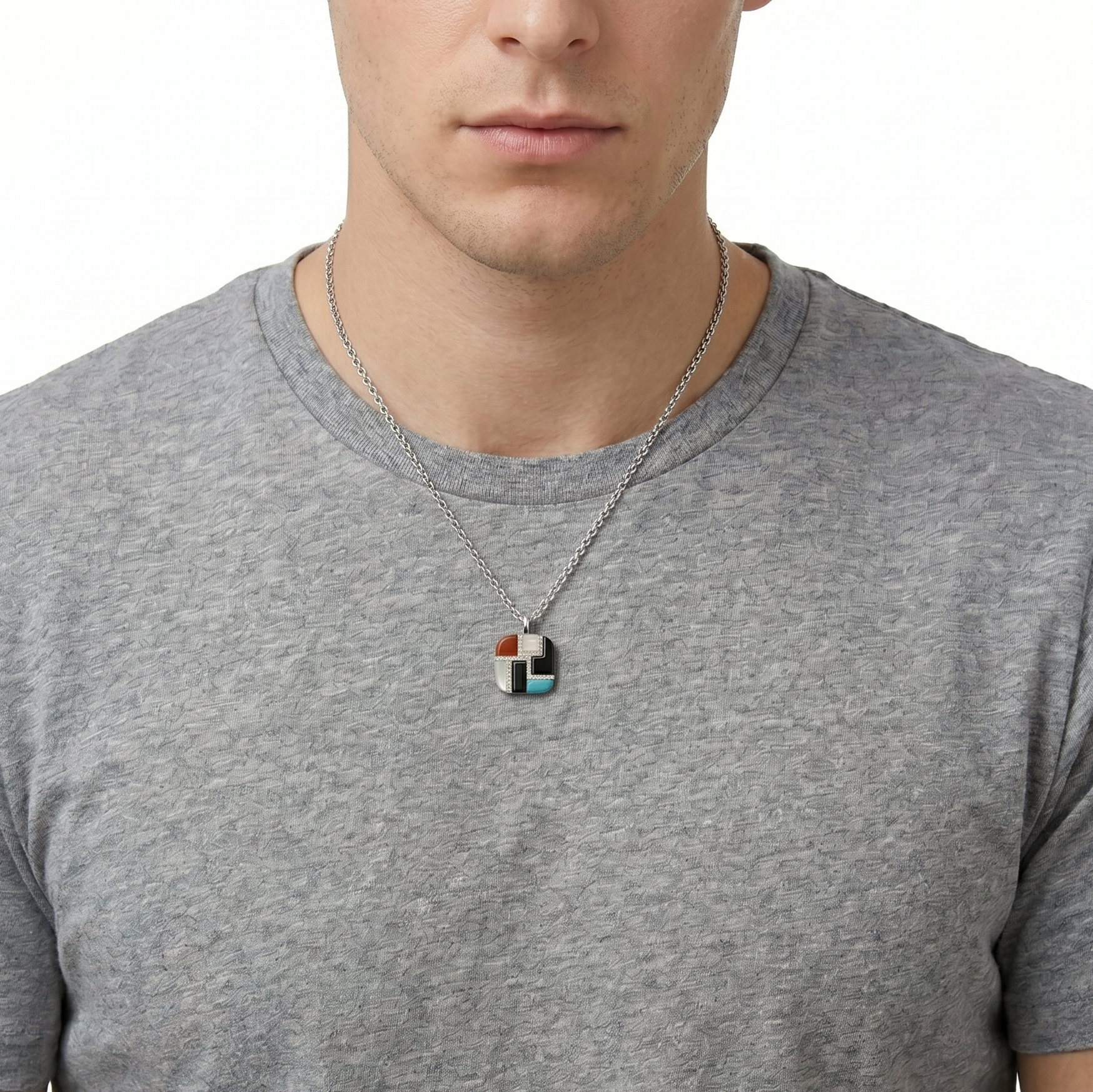 18KT White Gold Onyx, White MOP, Tiger's Eye, Red Jade,Synthetic Turquoise & Cubic Zirconia Pendant