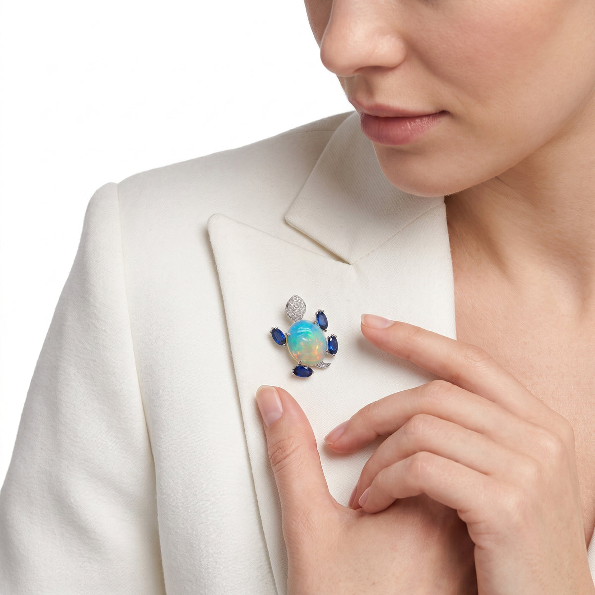 18KT White Gold with Opal, Sapphire & Diamond Turtle Brooch / Pendant