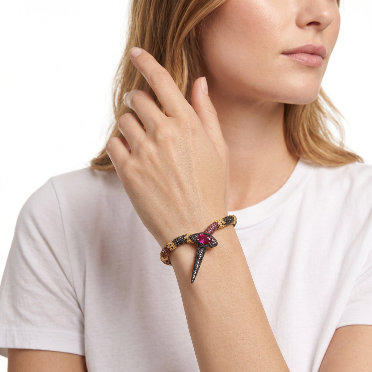 18KT Yellow Gold with Black Rhodium & Brown Rhodium , Ruby & Diamond Snake Bracelet