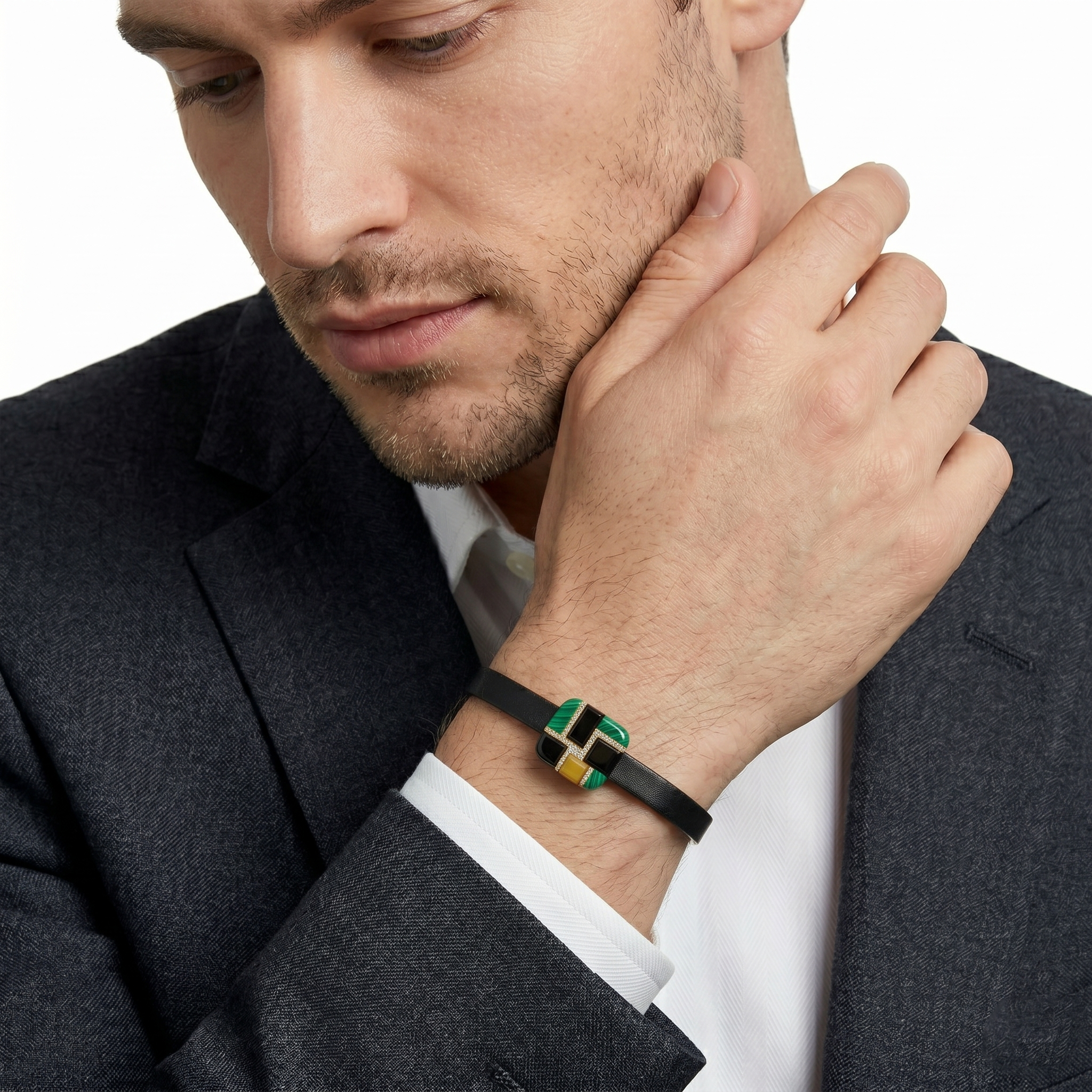 18KT Yellow Gold Onyx, Malachite  & Cubic Zirconia  Bracelet