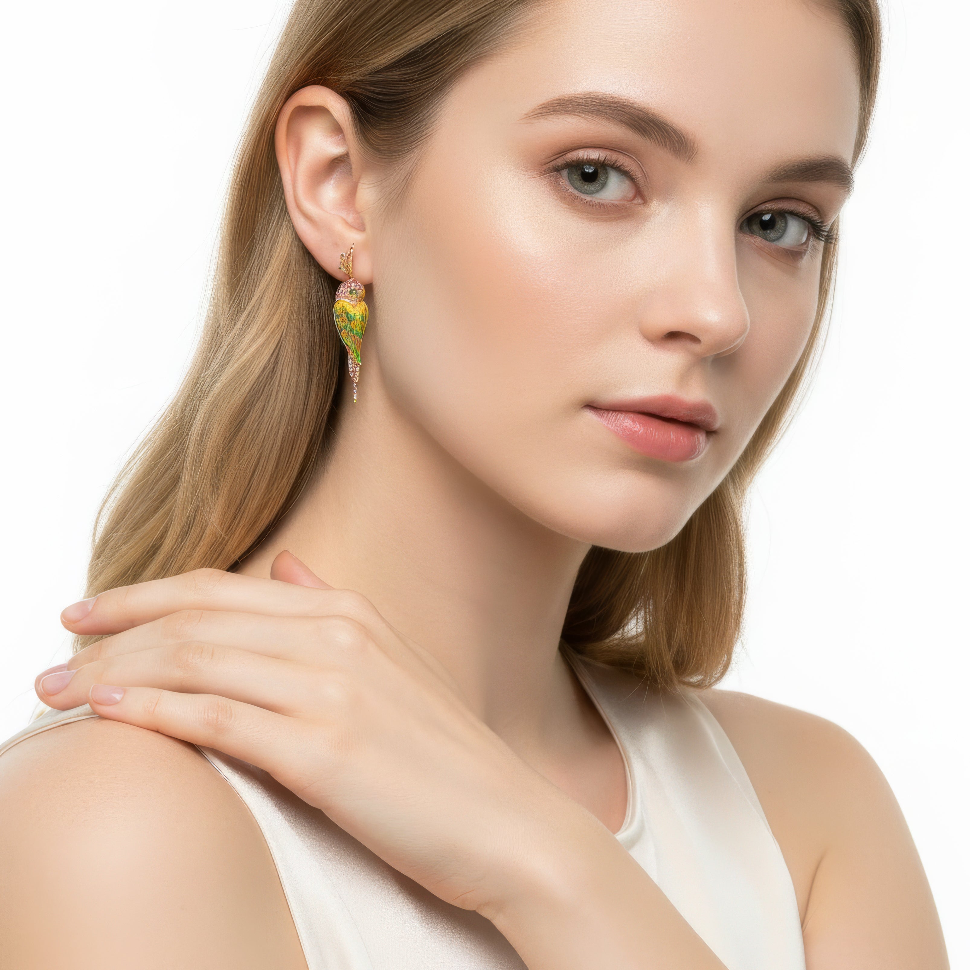 18KT Yellow Gold Tropic Parrot Earrings with Pink Sapphires, Tsavorite & Diamonds