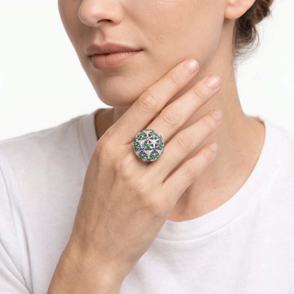 18KT White Gold Tsavorite & Sapphire & Diamond Ring