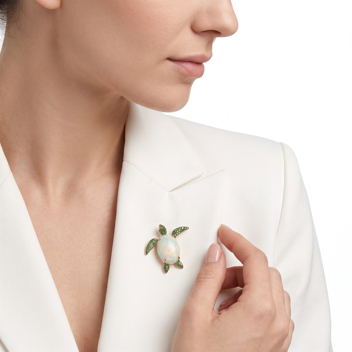 18KT Yellow Gold with Opal, Tsavorite & Diamond Turtle Brooch / Pendant