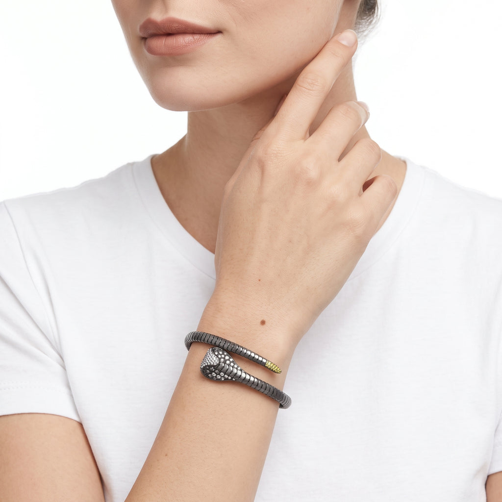 18KT Rose Gold with Black Rhodium Snake Black Diamond & Diamond Bangle