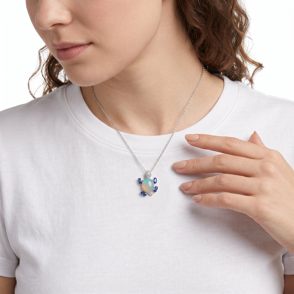 18KT White Gold with Opal, Sapphire & Diamond Turtle Brooch / Pendant