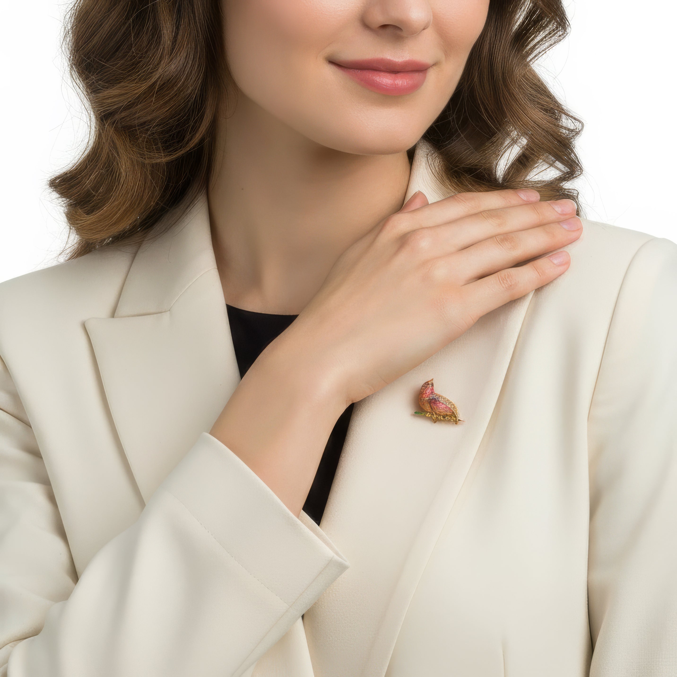 18KT Rose Gold Duet Lovebirds Brooch with Sapphires, Tsavorites, Diamonds & Enamel