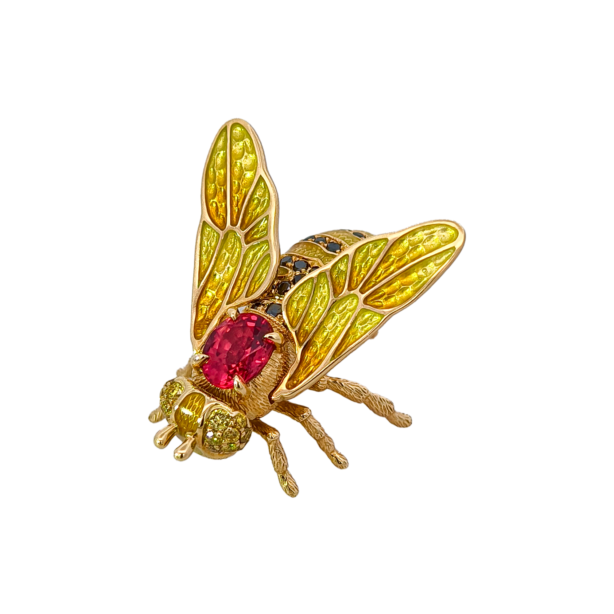 18K Yellow Gold Bee Brooch with Enamel, Orange Sapphire & Diamonds
